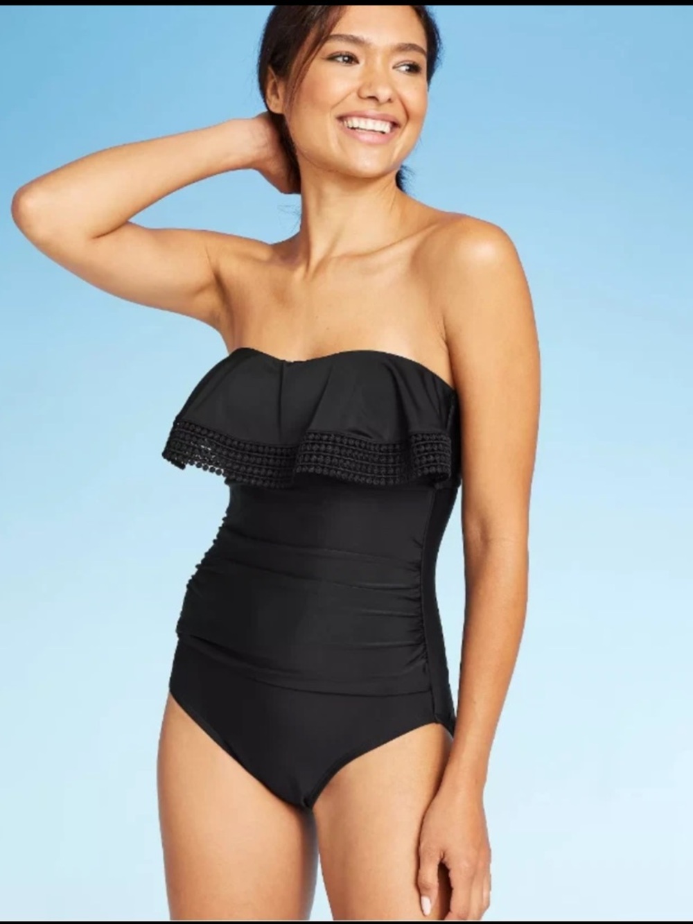 *Kona Sol Black One Piece w/ Black Lace Flounce Strapless Ruched Large Swimsuit
